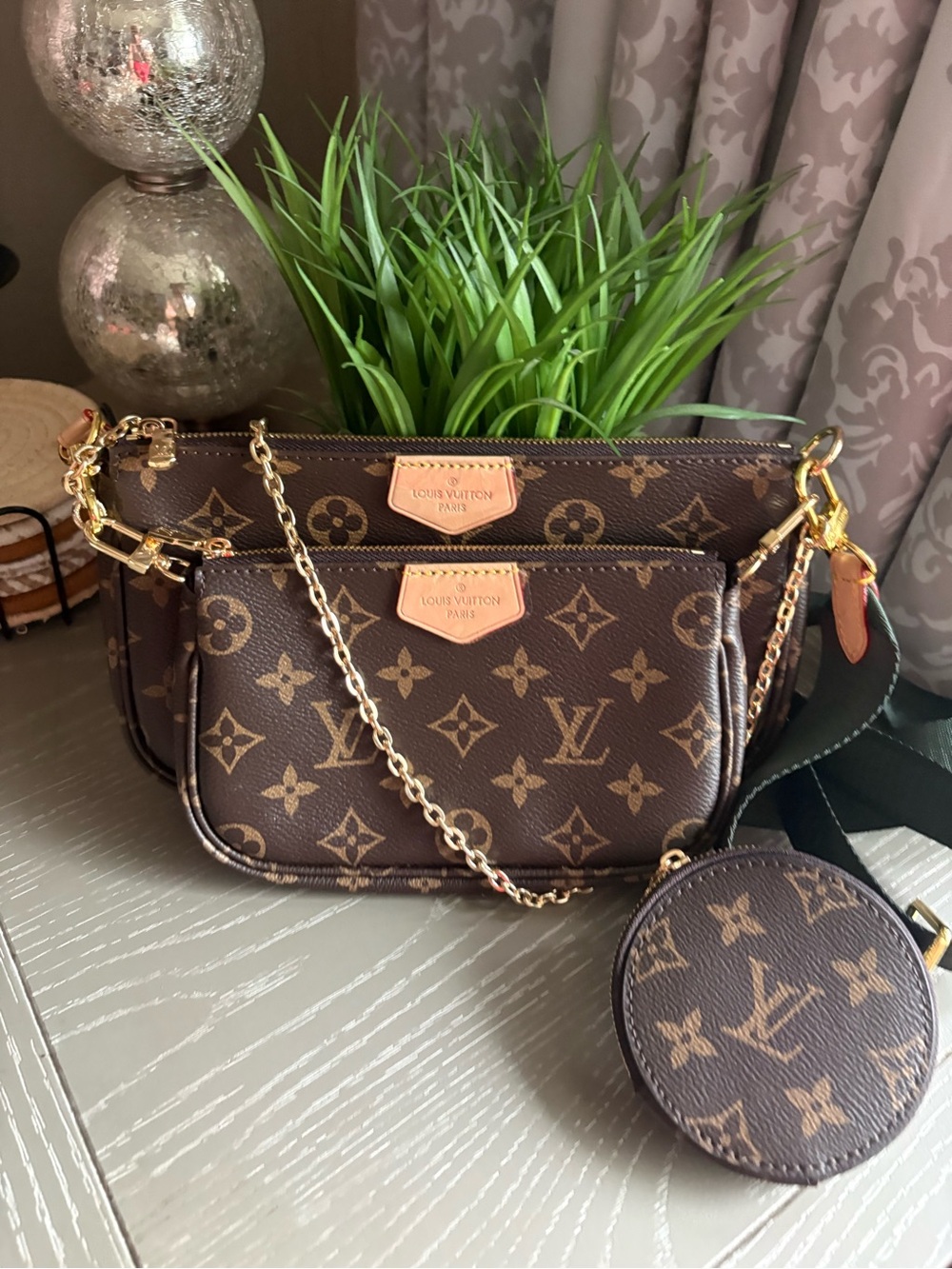 FASHION Monogram Multi-Pochette Crossbody Bag in Brown with green strap